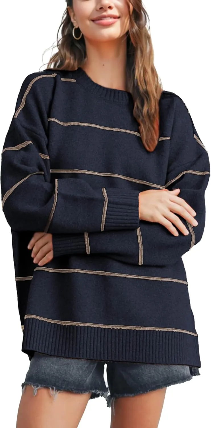 Womens Fall Striped Sweater Lightweight Long Sleeve Cable Soft Knit Oversized Pullover Sweaters Top
