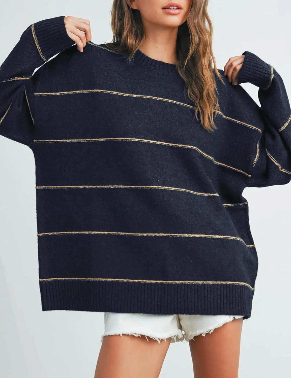 Womens Fall Striped Sweater Lightweight Long Sleeve Cable Soft Knit Oversized Pullover Sweaters Top