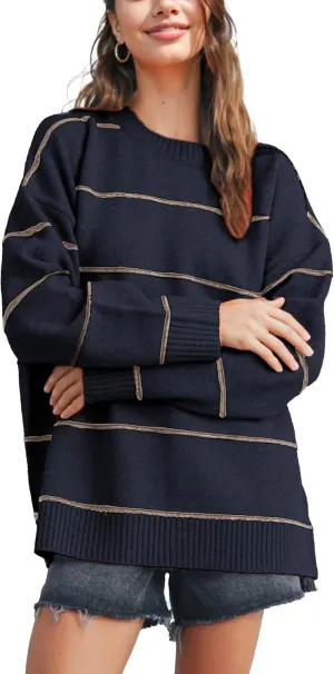 Womens Fall Striped Sweater Lightweight Long Sleeve Cable Soft Knit Oversized Pullover Sweaters Top