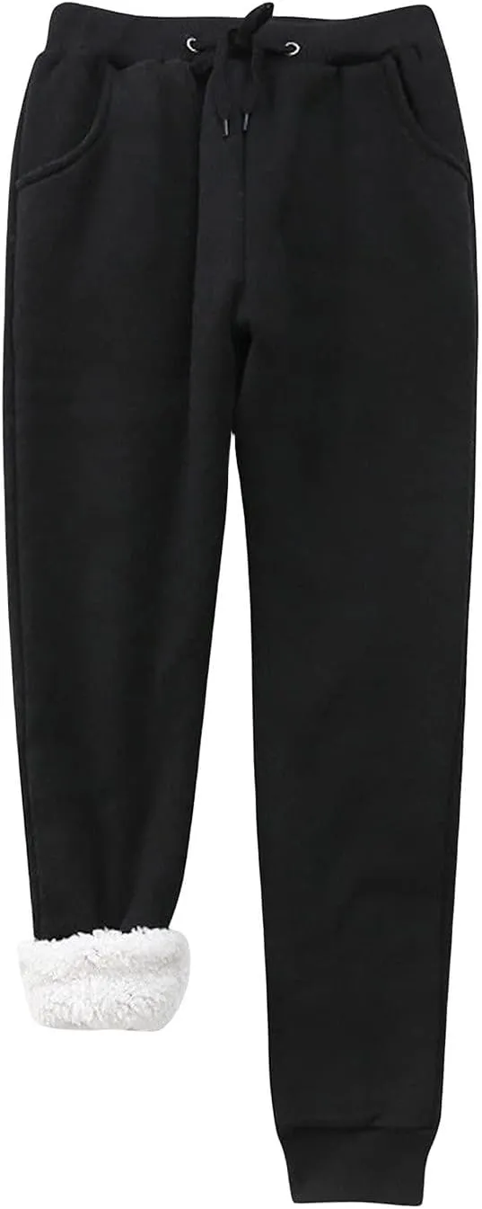 Womens Fleece Joggers Sherpa Lined Sweatpants Drawstring Waist Pants Casual Loungewear Loose Pants with Pockets