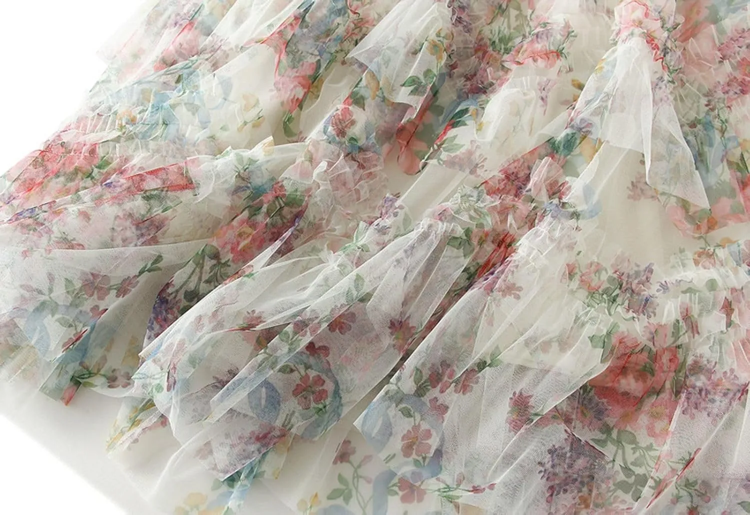 Womens Floral Tulle Skirts Ruffle High Waist A-line Skirt Layered Pleated Flowy Fairy Skirt Fashion Party Long Dress