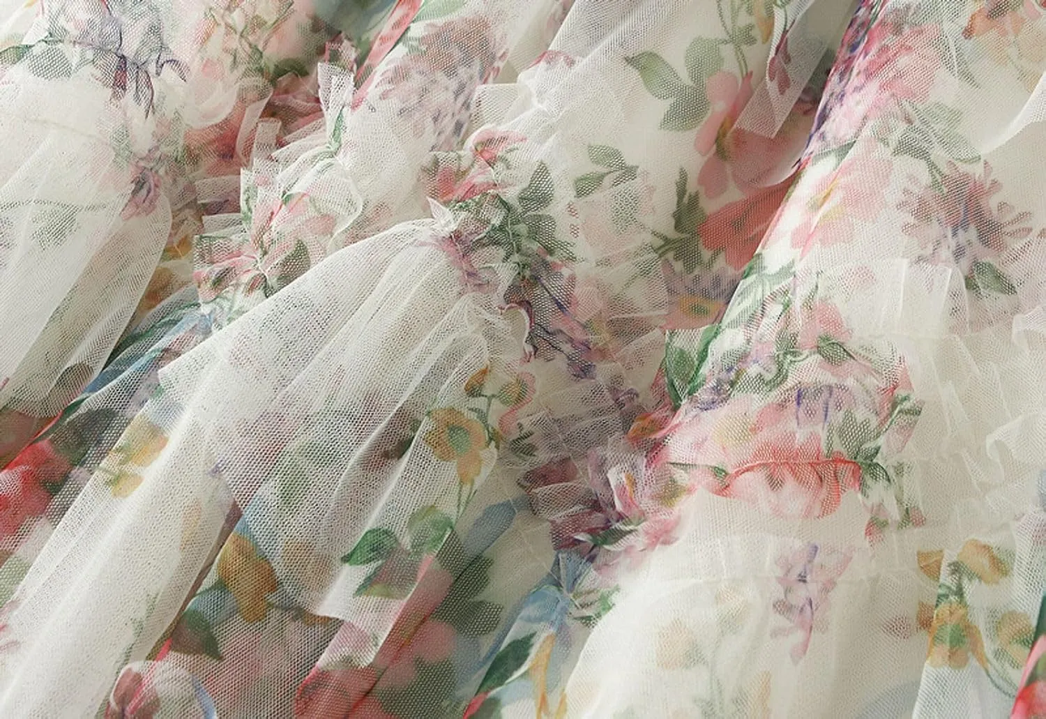Womens Floral Tulle Skirts Ruffle High Waist A-line Skirt Layered Pleated Flowy Fairy Skirt Fashion Party Long Dress