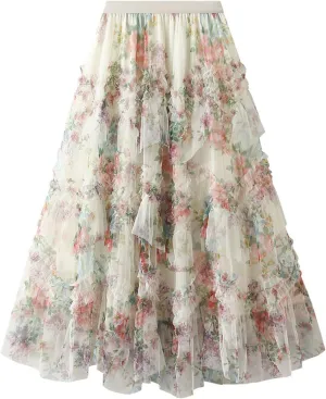 Womens Floral Tulle Skirts Ruffle High Waist A-line Skirt Layered Pleated Flowy Fairy Skirt Fashion Party Long Dress