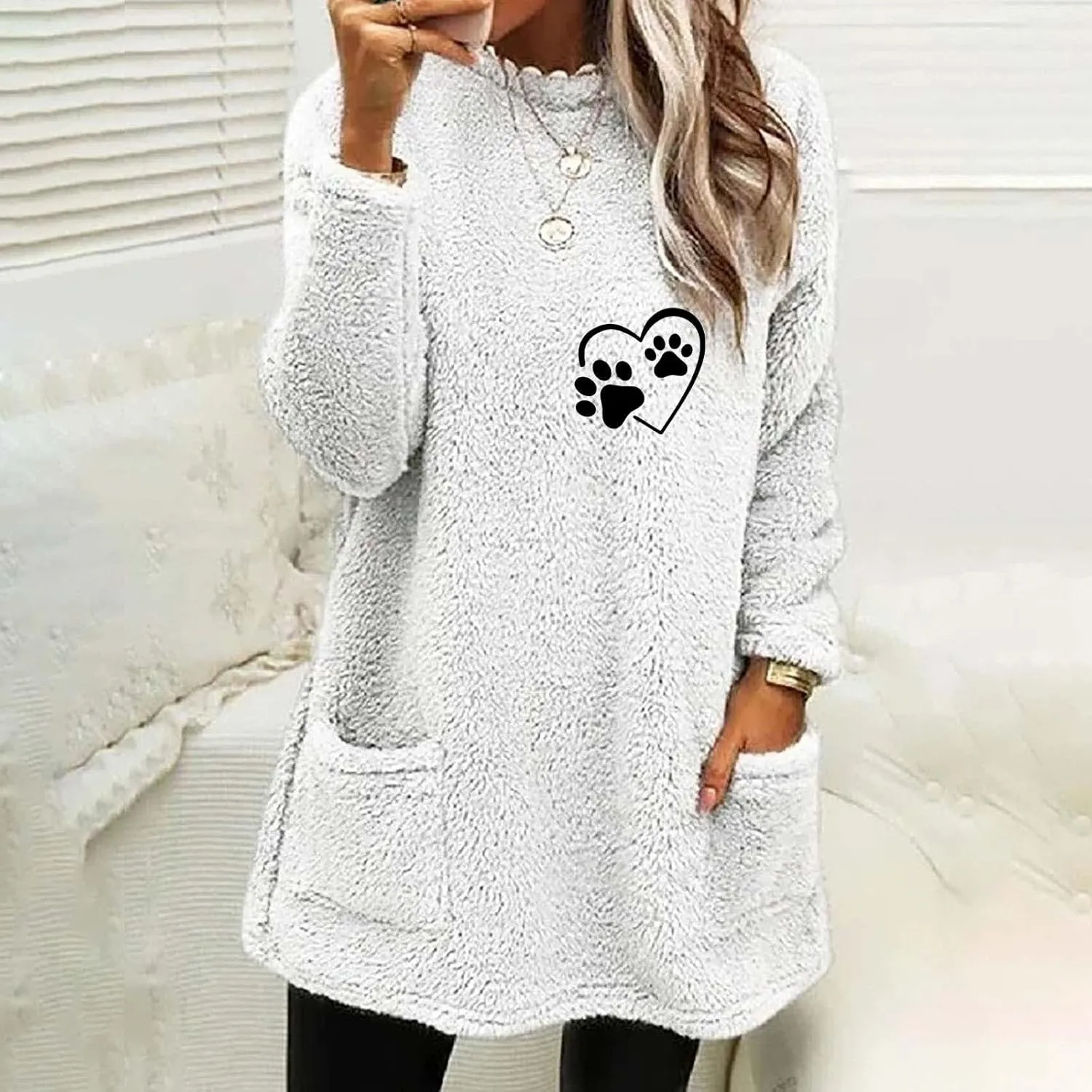 Womens Fuzzy Fleece Sweatshirts Casual Loose Oversized Sherpa Pullovers Cute Graphic Soft Comfy Sweaters Loungewear