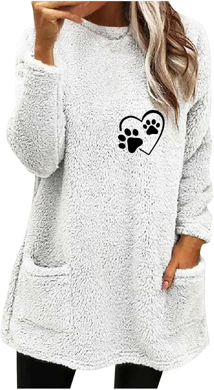 Womens Fuzzy Fleece Sweatshirts Casual Loose Oversized Sherpa Pullovers Cute Graphic Soft Comfy Sweaters Loungewear