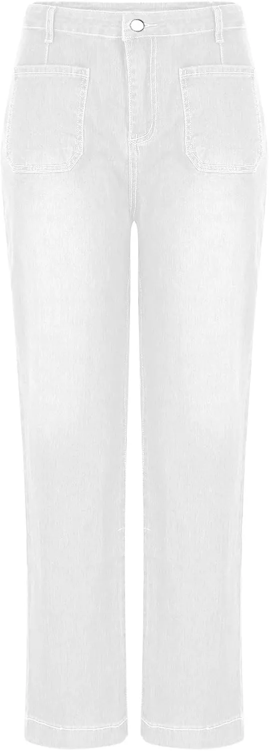 Women's High Waisted Jeans Casual Straight Wide Leg Loose Stretchy Denim Pants Baggy Cropped Trousers with Pockets