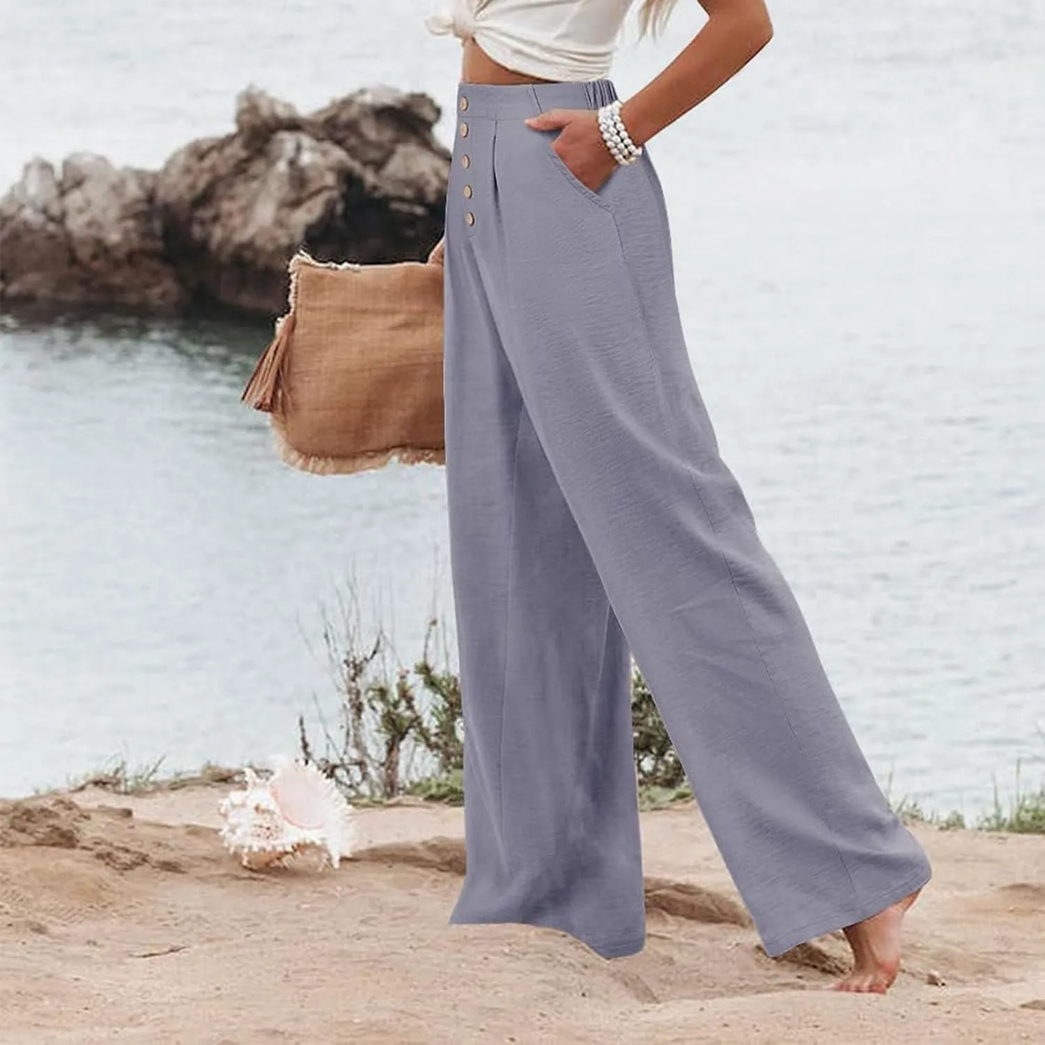 Women's High Waisted Palazzo Pants Stretchy Wide Leg Trousers Loose Beach Lounge Pant Soild Casual Pants with Pockets