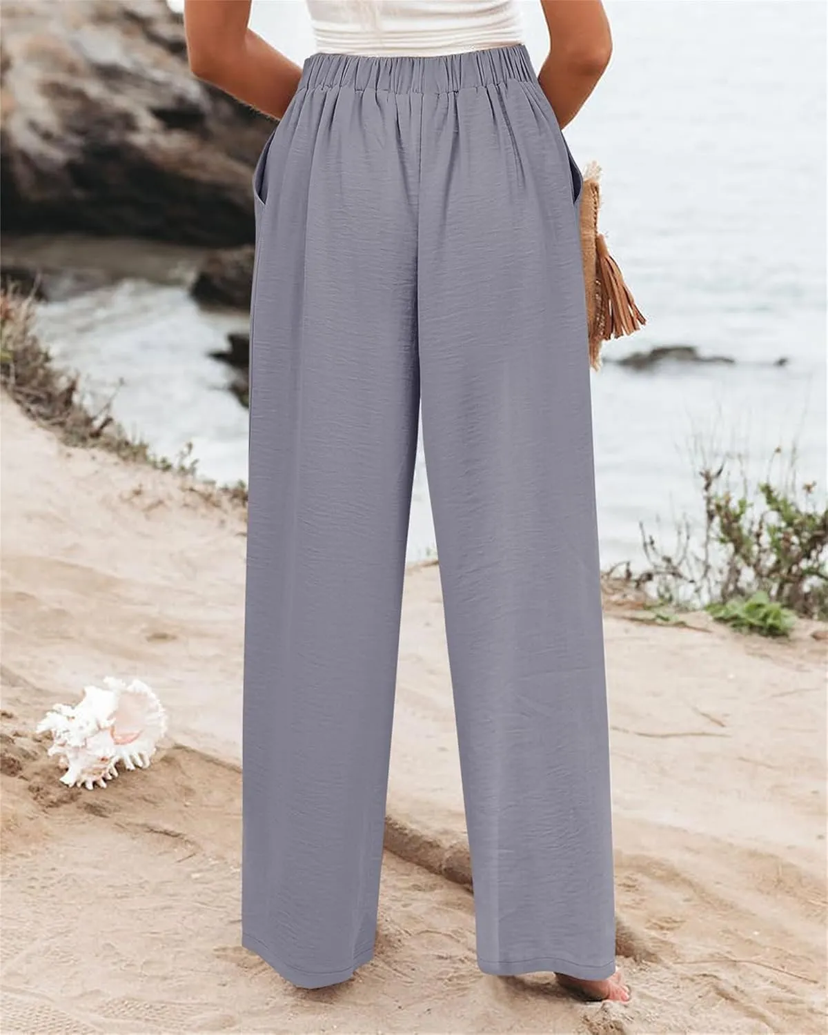 Women's High Waisted Palazzo Pants Stretchy Wide Leg Trousers Loose Beach Lounge Pant Soild Casual Pants with Pockets