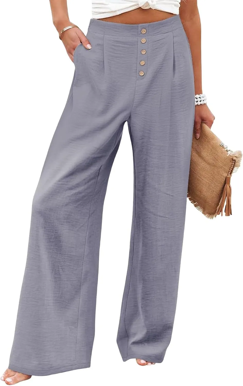 Women's High Waisted Palazzo Pants Stretchy Wide Leg Trousers Loose Beach Lounge Pant Soild Casual Pants with Pockets