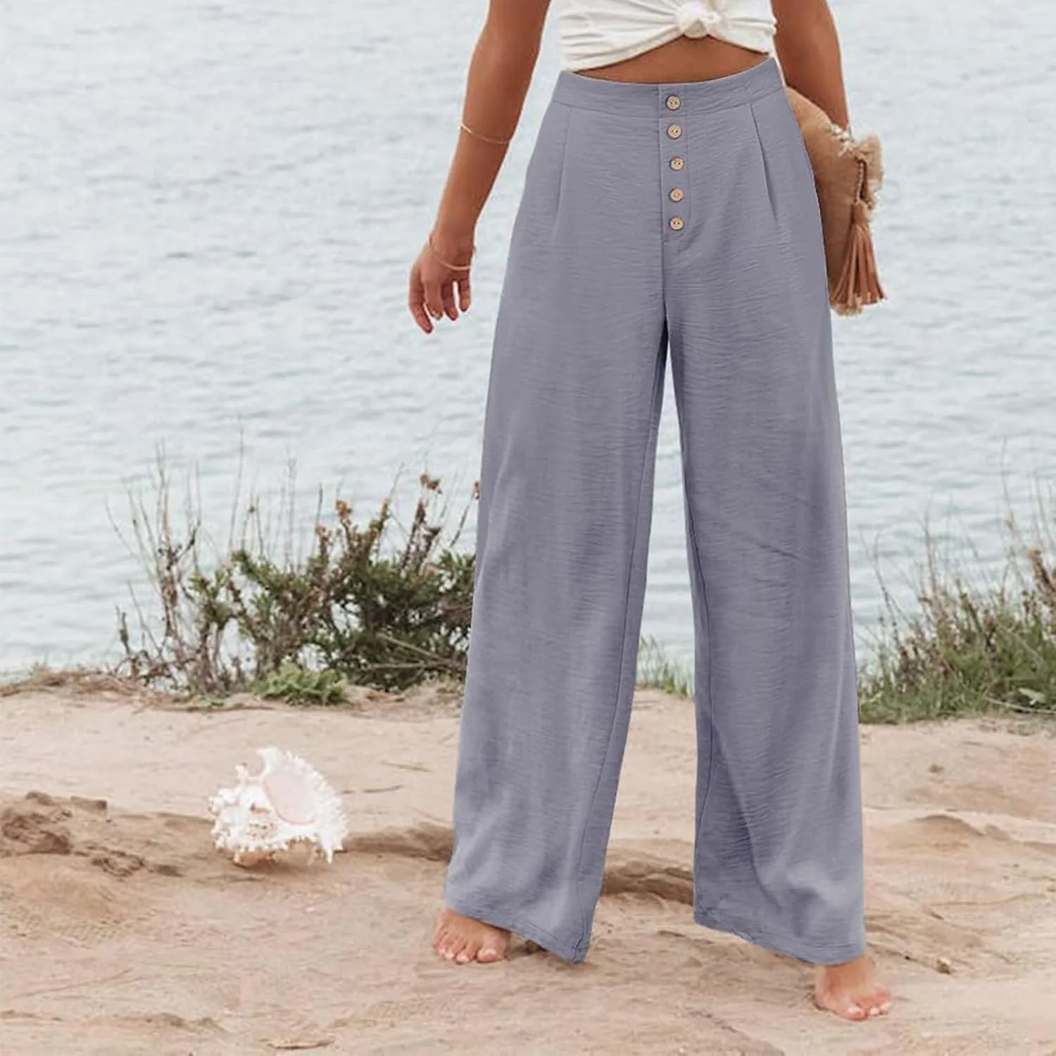 Women's High Waisted Palazzo Pants Stretchy Wide Leg Trousers Loose Beach Lounge Pant Soild Casual Pants with Pockets