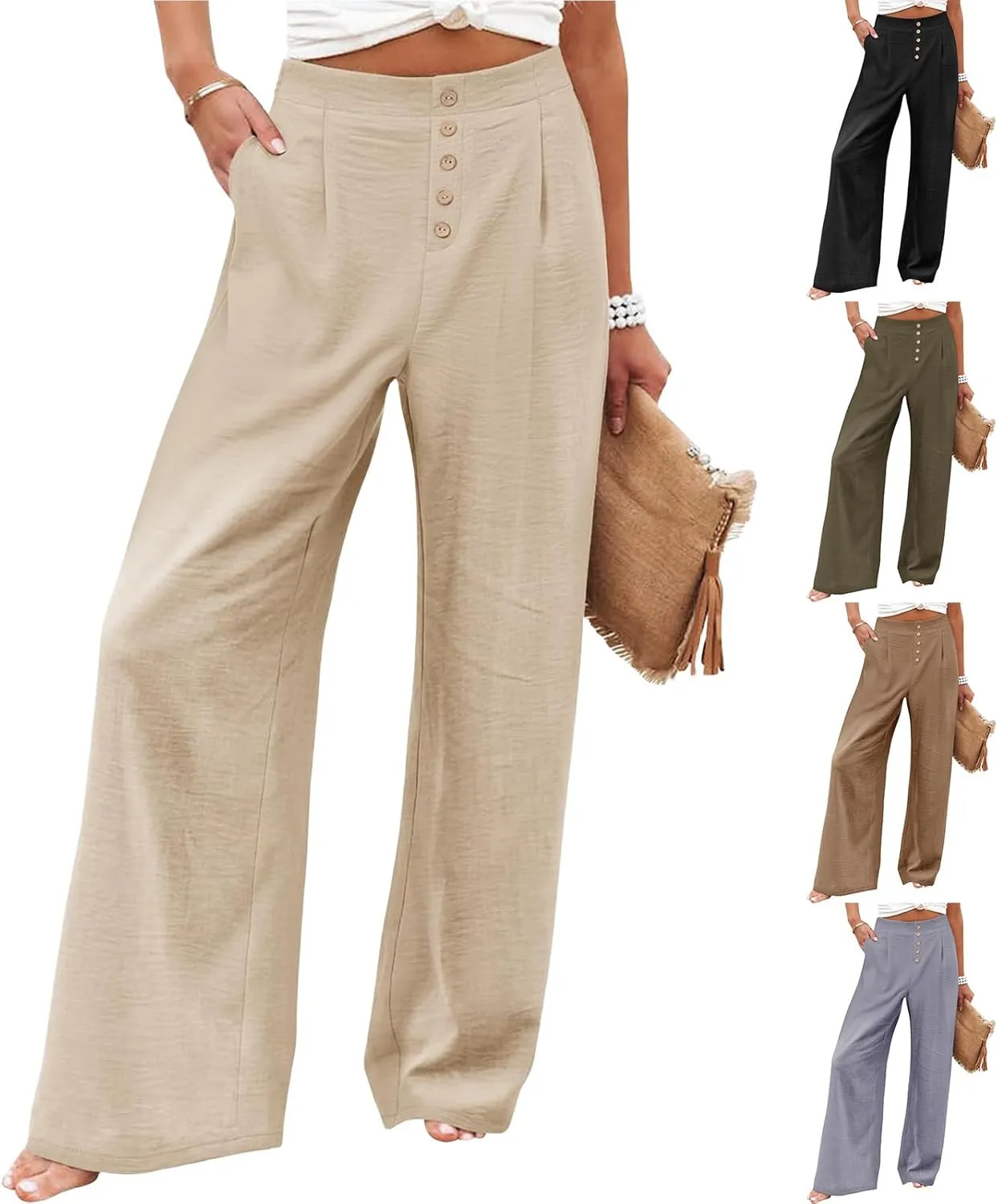 Women's High Waisted Palazzo Pants Stretchy Wide Leg Trousers Loose Beach Lounge Pant Soild Casual Pants with Pockets