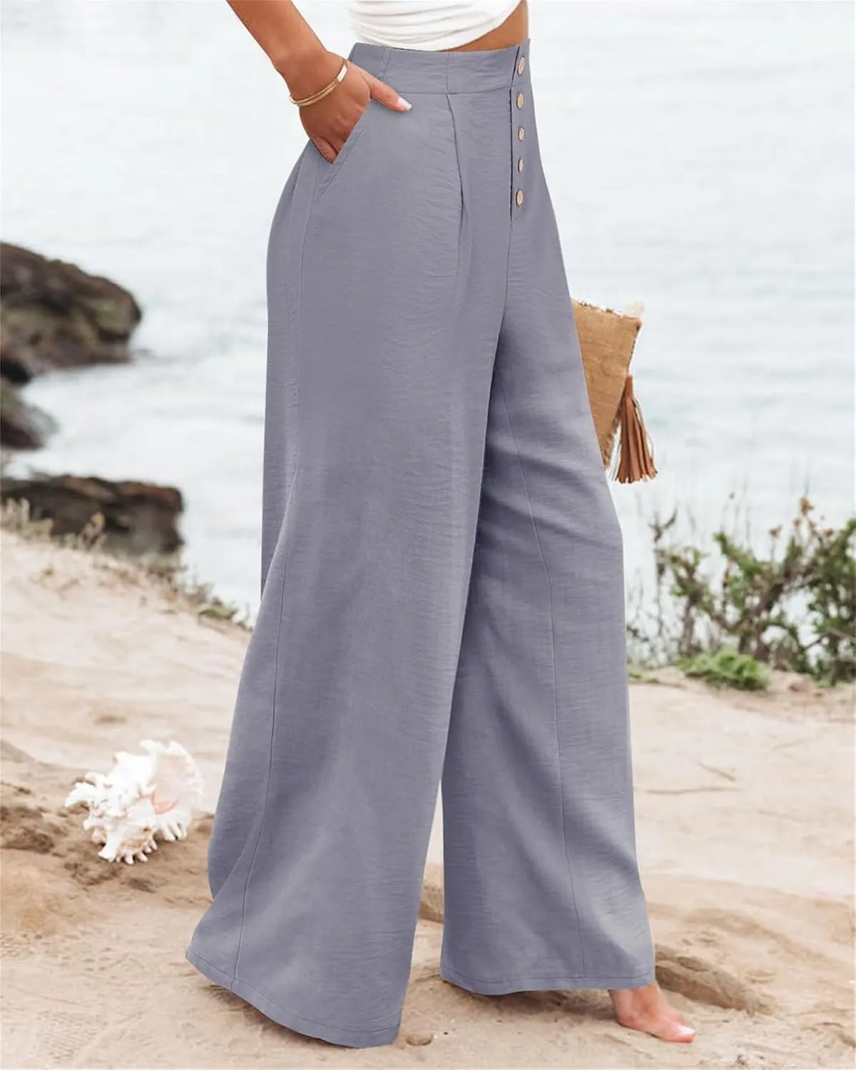 Women's High Waisted Palazzo Pants Stretchy Wide Leg Trousers Loose Beach Lounge Pant Soild Casual Pants with Pockets