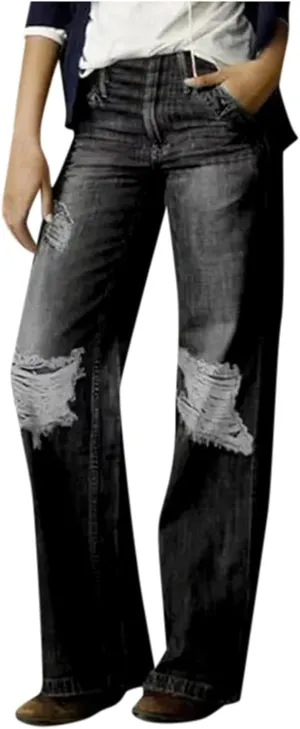Women's Jeans Printed Stretchy High Waisted Baggy Straight Wide Leg Crop Casual Bootcut Imitation Denim Pants Trouser