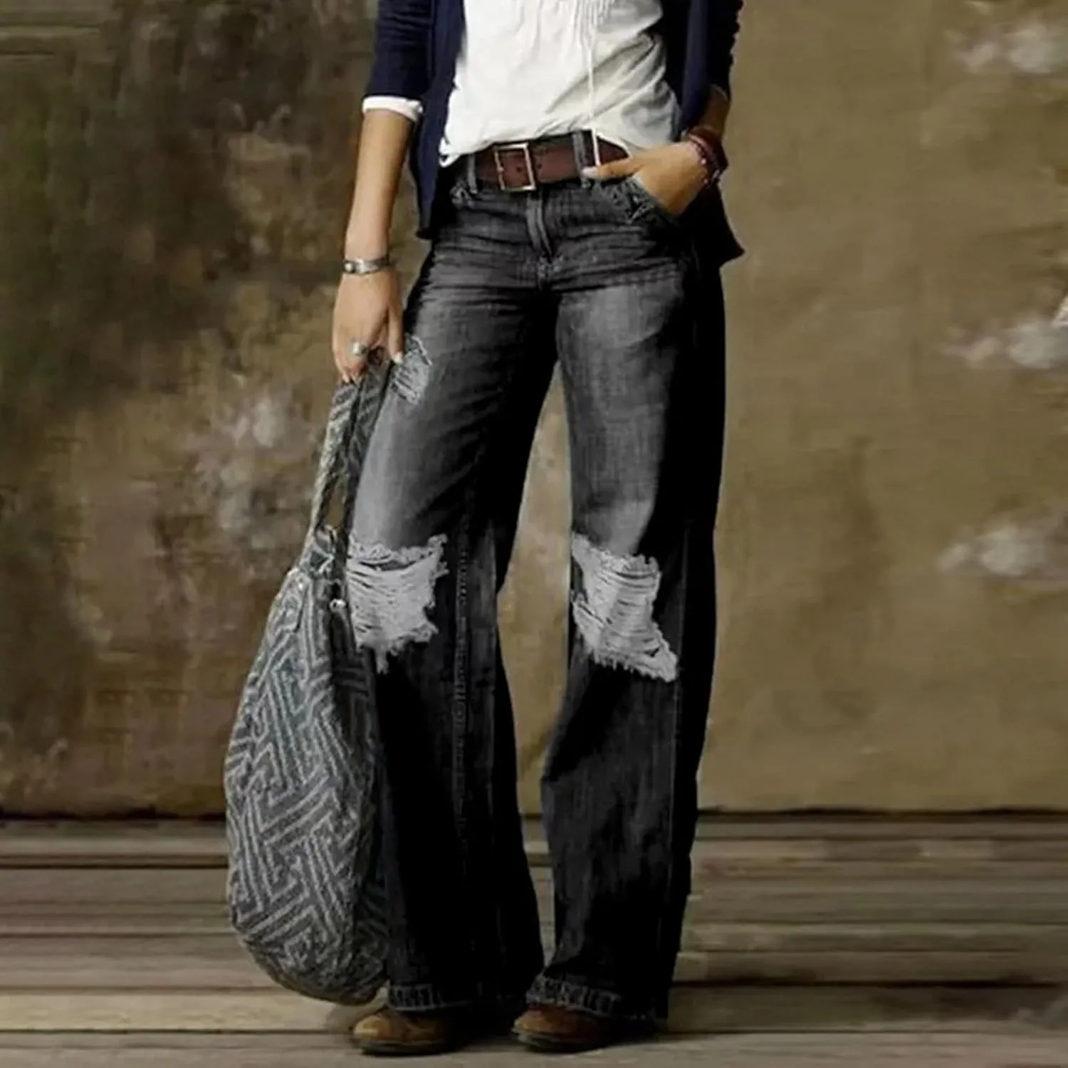 Women's Jeans Printed Stretchy High Waisted Baggy Straight Wide Leg Crop Casual Bootcut Imitation Denim Pants Trouser