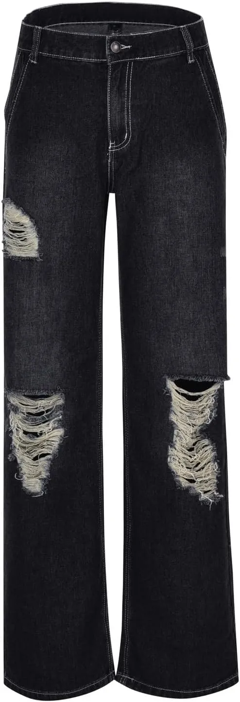 Women's Jeans Printed Stretchy High Waisted Baggy Straight Wide Leg Crop Casual Bootcut Imitation Denim Pants Trouser
