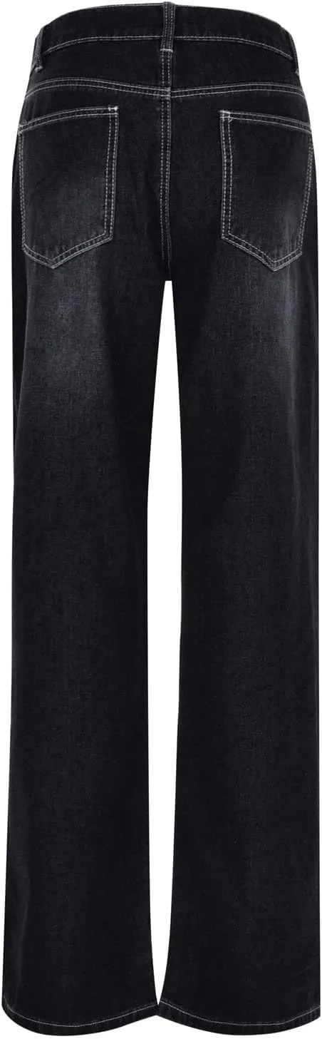 Women's Jeans Printed Stretchy High Waisted Baggy Straight Wide Leg Crop Casual Bootcut Imitation Denim Pants Trouser