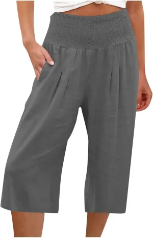 Womens Linen Palazzo Capri with Pockets Smocked High Waist Wide Leg Pants Casual Loungewear Flowy Summer Bottoms