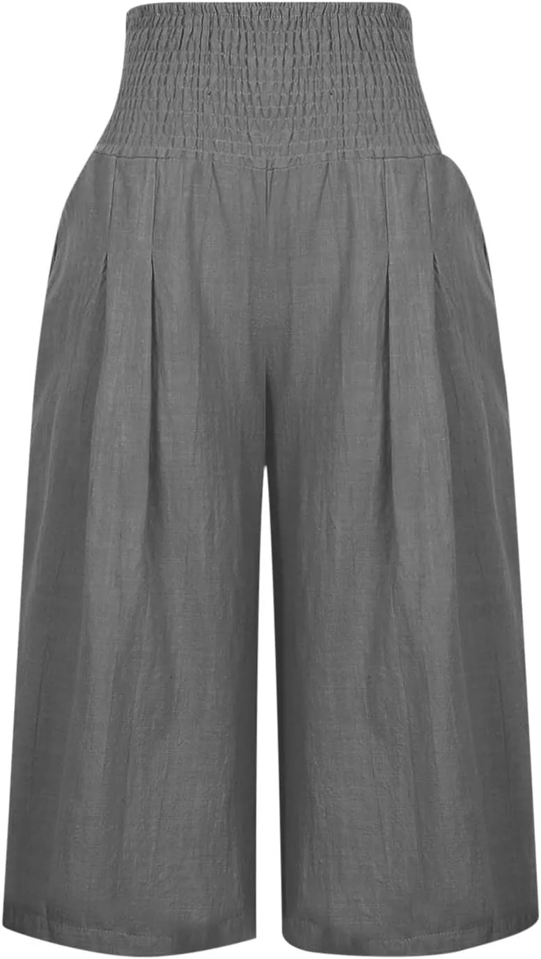 Womens Linen Palazzo Capri with Pockets Smocked High Waist Wide Leg Pants Casual Loungewear Flowy Summer Bottoms
