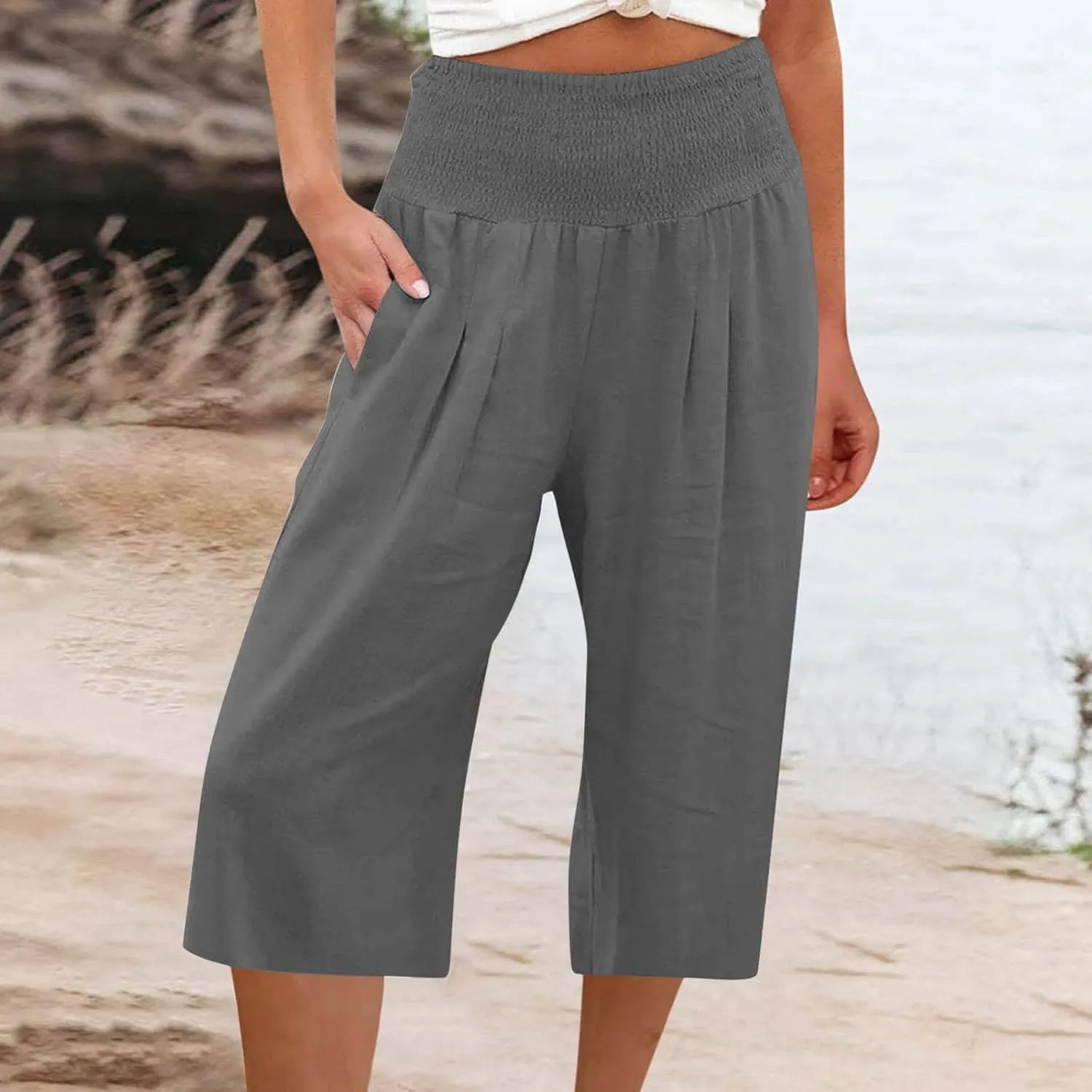 Womens Linen Palazzo Capri with Pockets Smocked High Waist Wide Leg Pants Casual Loungewear Flowy Summer Bottoms