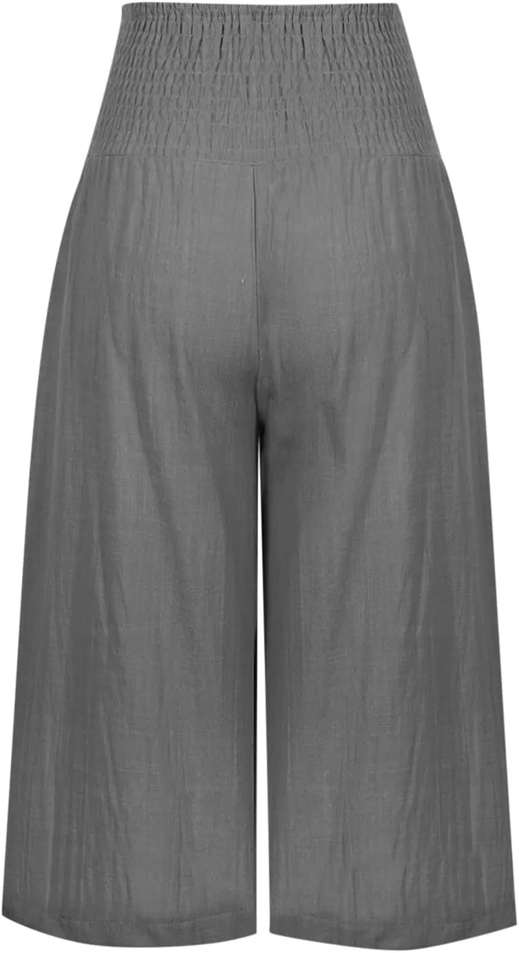 Womens Linen Palazzo Capri with Pockets Smocked High Waist Wide Leg Pants Casual Loungewear Flowy Summer Bottoms