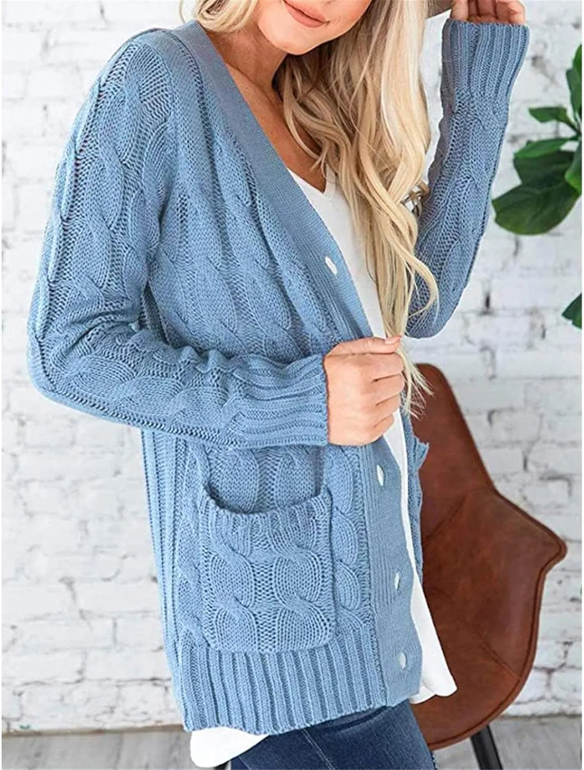 Womens Long Sleeve Open Front Knitted Cardigan Sweater Button Down Chunky Outwear Coat