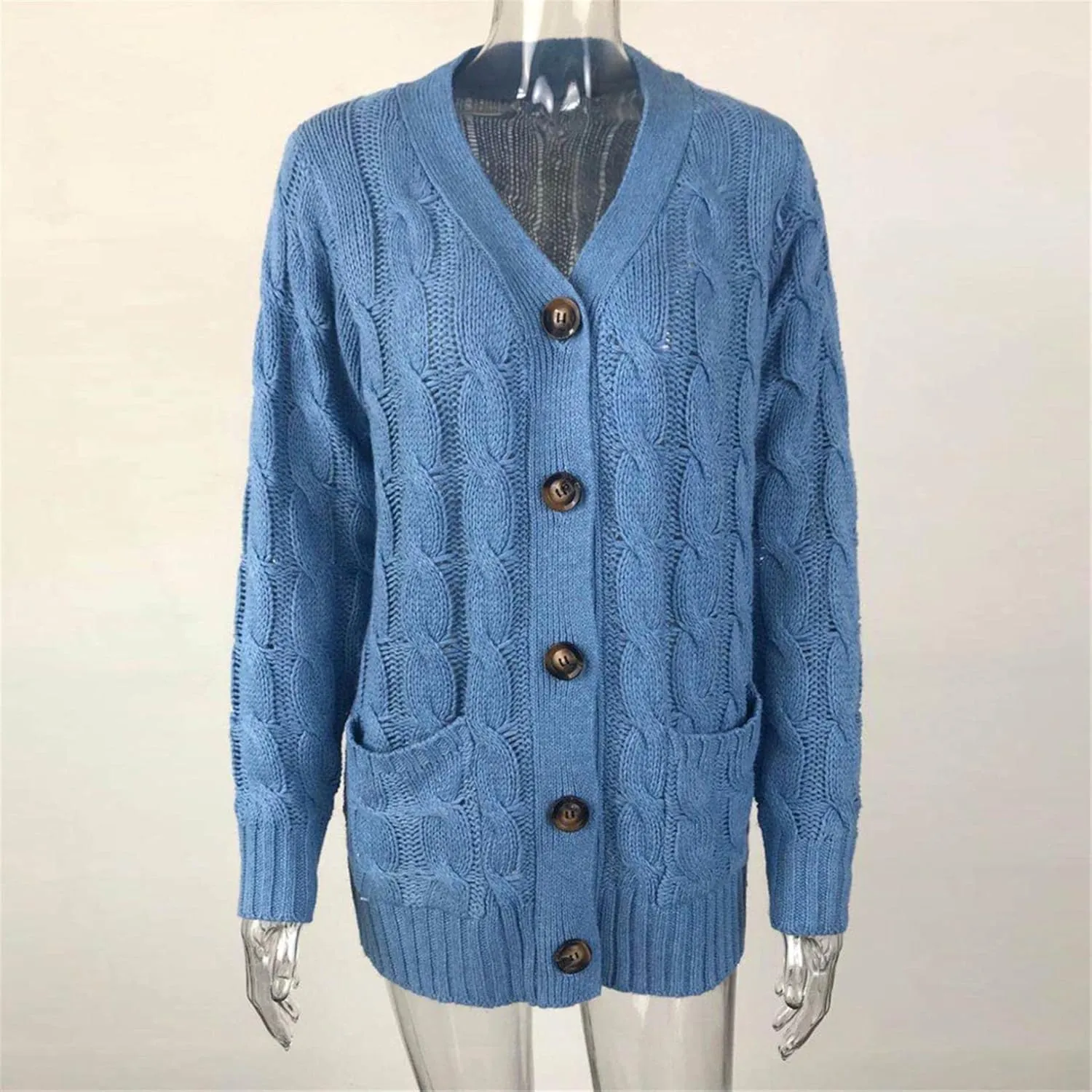 Womens Long Sleeve Open Front Knitted Cardigan Sweater Button Down Chunky Outwear Coat