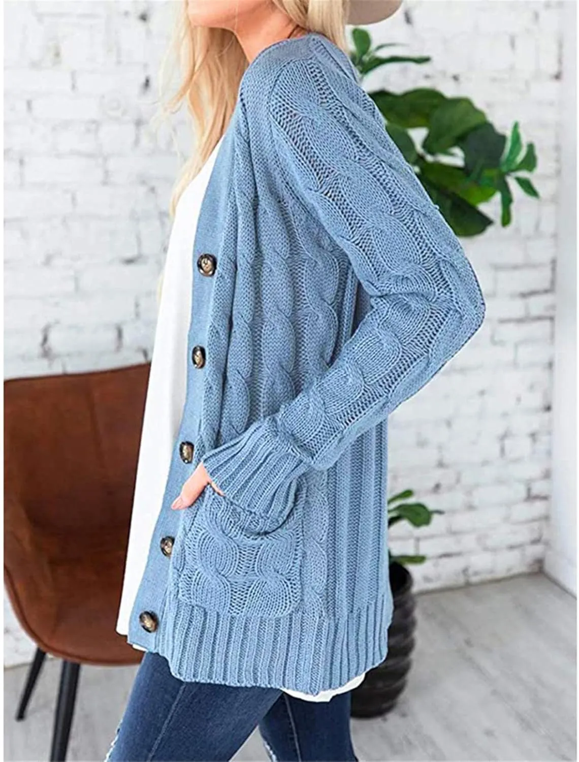 Womens Long Sleeve Open Front Knitted Cardigan Sweater Button Down Chunky Outwear Coat