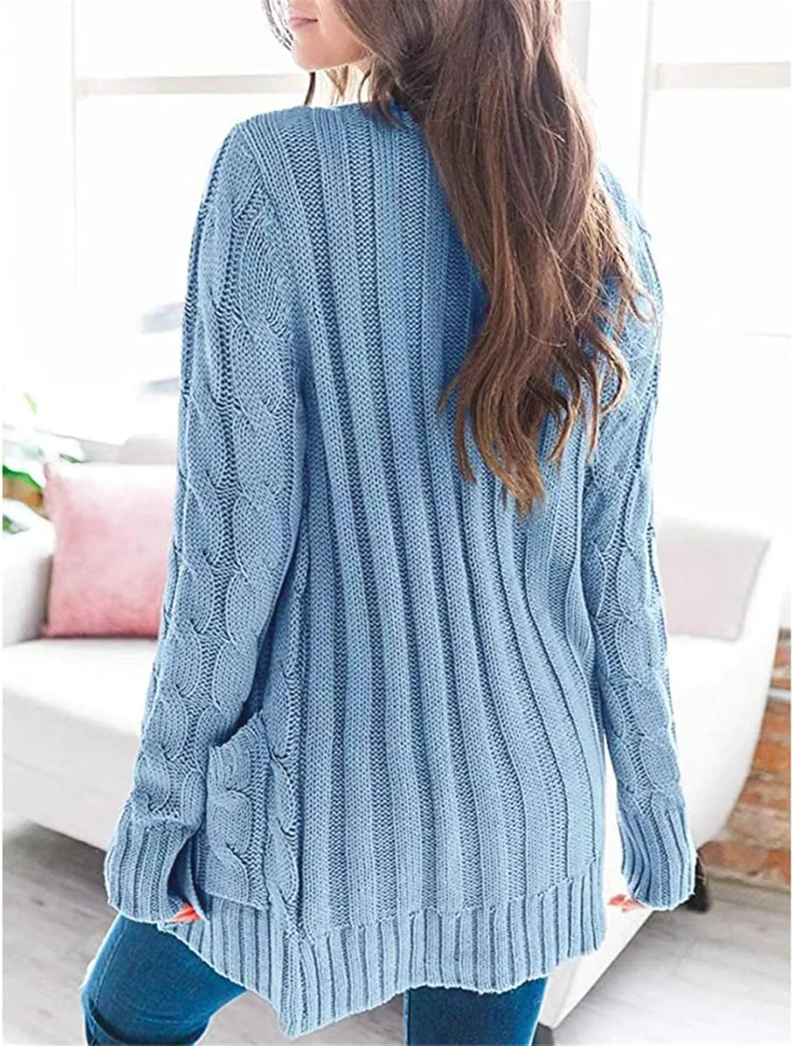 Womens Long Sleeve Open Front Knitted Cardigan Sweater Button Down Chunky Outwear Coat