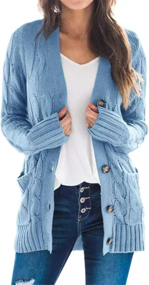 Womens Long Sleeve Open Front Knitted Cardigan Sweater Button Down Chunky Outwear Coat