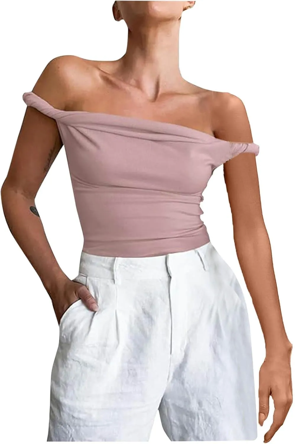 Womens Off The Shoulder Tank Tops Sleeveless Slim Fit Stretch Going Out Crop Top Y2k Bustier Ruched T Shirts