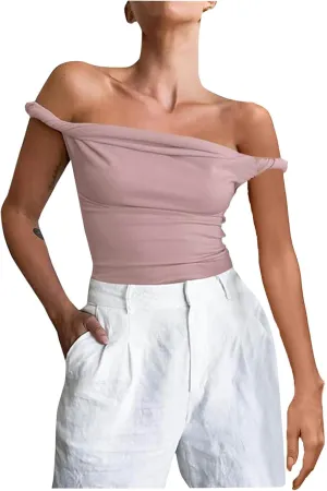 Womens Off The Shoulder Tank Tops Sleeveless Slim Fit Stretch Going Out Crop Top Y2k Bustier Ruched T Shirts