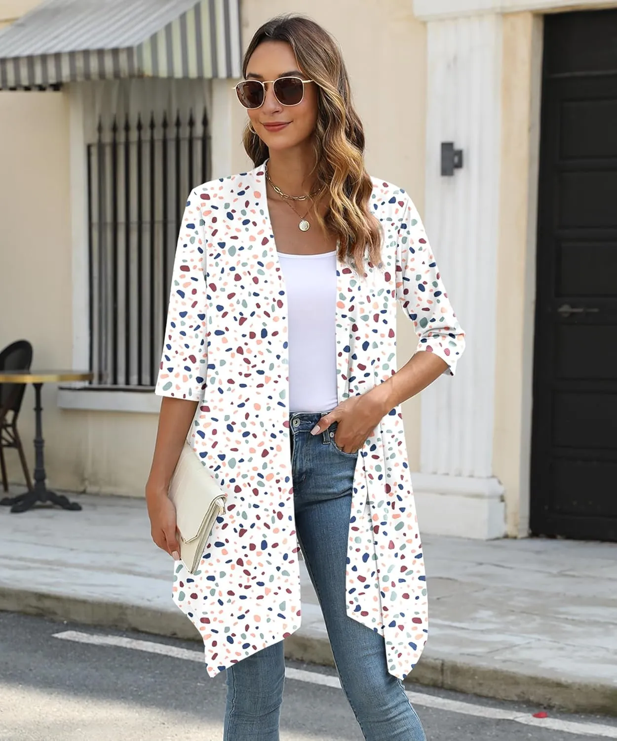 Women's Open Front Cardigan Lightweight Soft Knit 3/4 Sleeve High-Low Draped Hem Loose Casual Duster