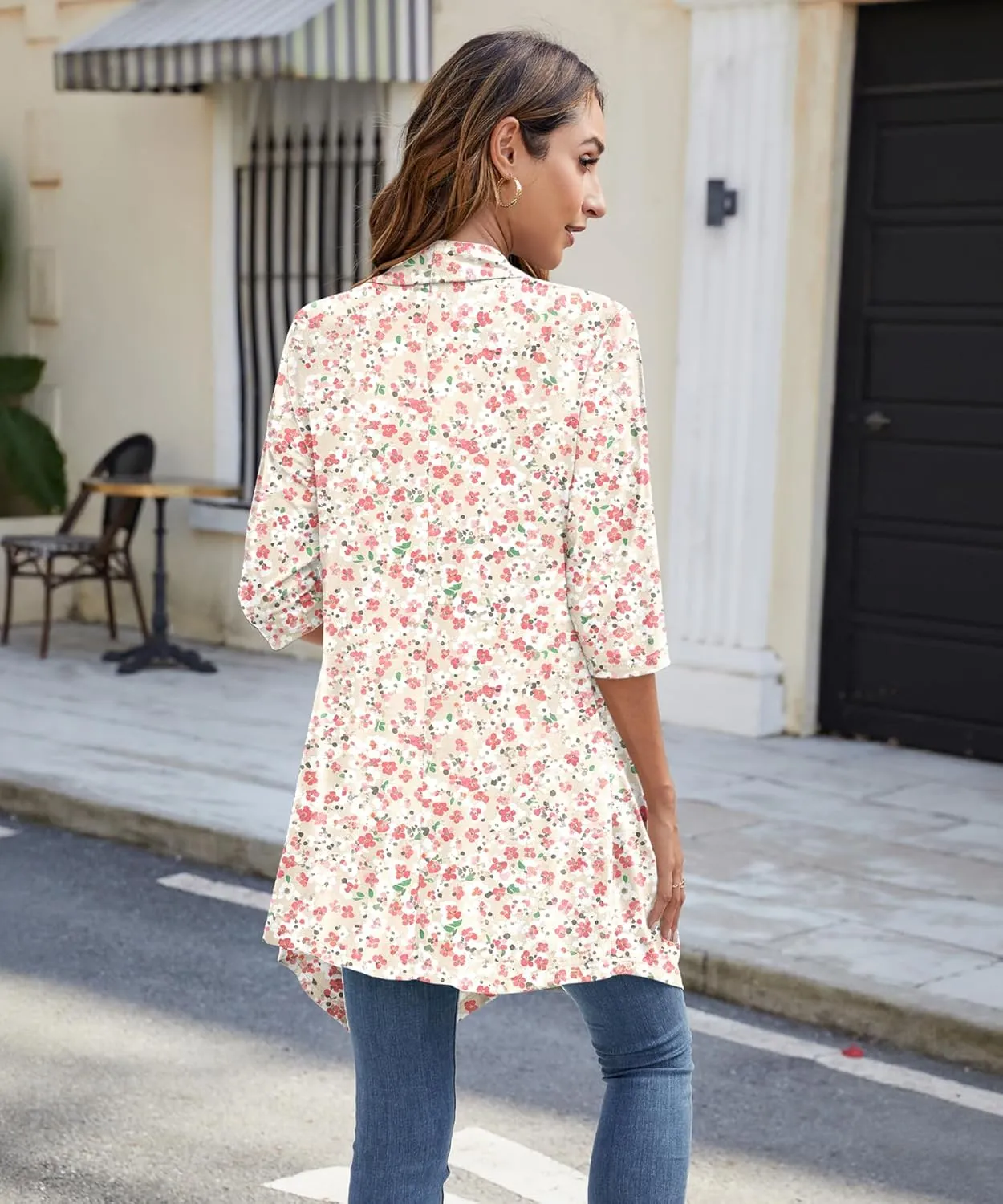 Women's Open Front Cardigan Lightweight Soft Knit 3/4 Sleeve High-Low Draped Hem Loose Casual Duster