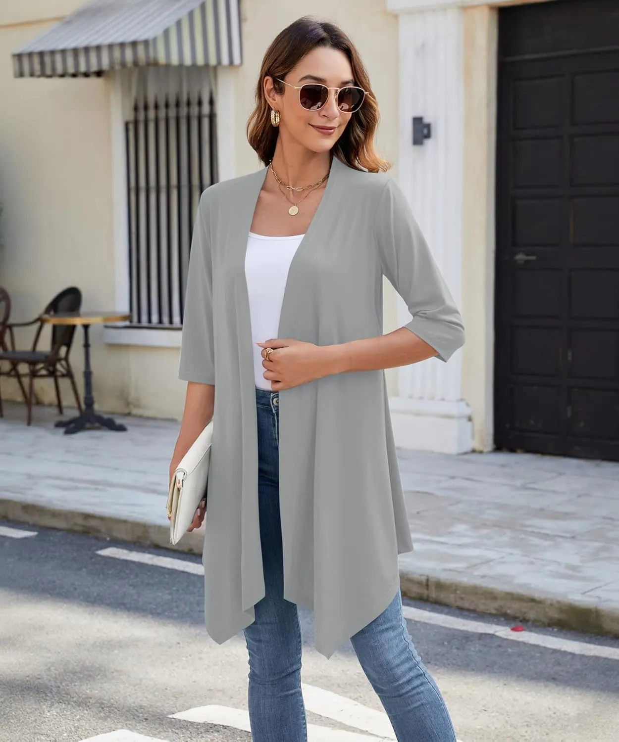 Women's Open Front Cardigan Lightweight Soft Knit 3/4 Sleeve High-Low Draped Hem Loose Casual Duster
