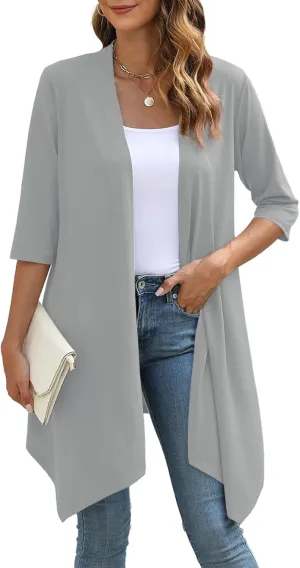 Women's Open Front Cardigan Lightweight Soft Knit 3/4 Sleeve High-Low Draped Hem Loose Casual Duster