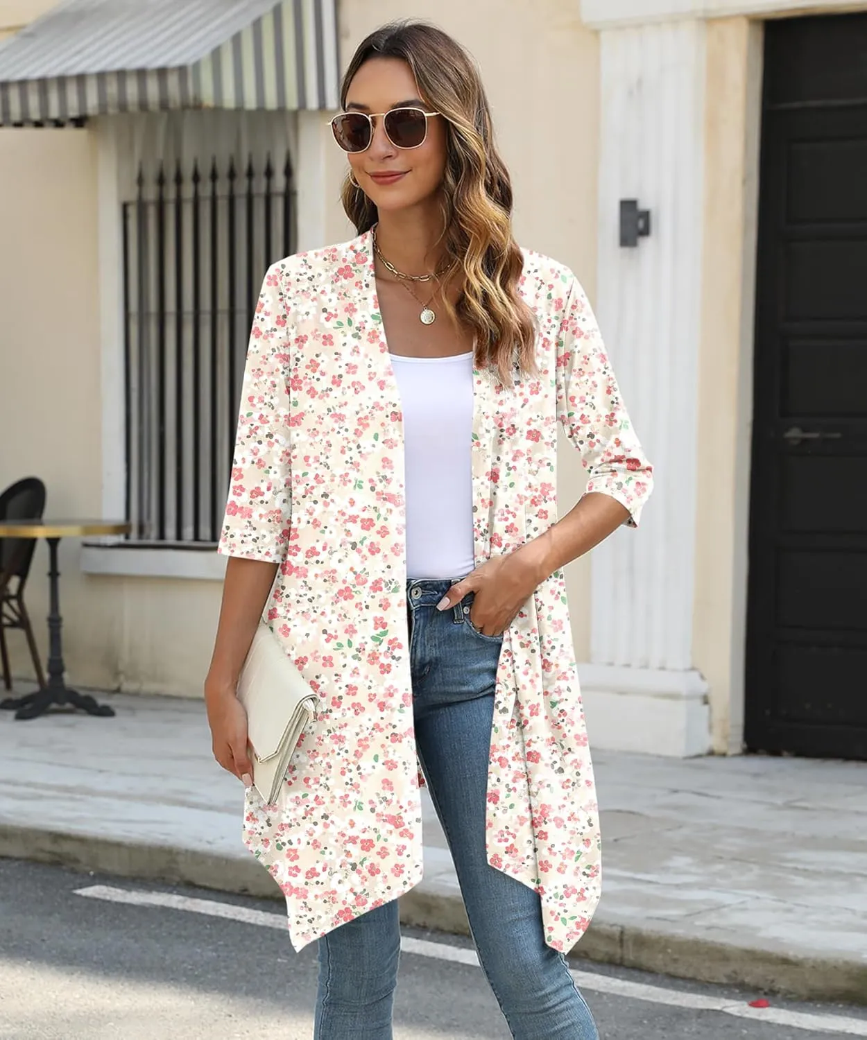 Women's Open Front Cardigan Lightweight Soft Knit 3/4 Sleeve High-Low Draped Hem Loose Casual Duster