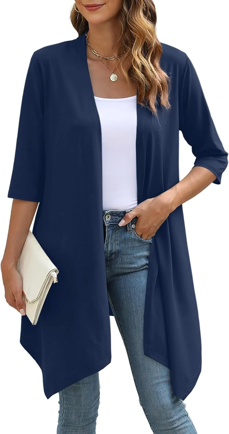 Women's Open Front Cardigan Lightweight Soft Knit 3/4 Sleeve High-Low Draped Hem Loose Casual Duster