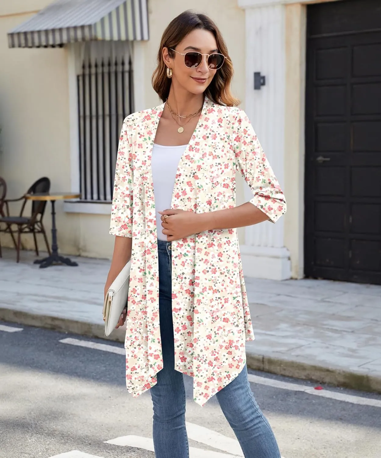 Women's Open Front Cardigan Lightweight Soft Knit 3/4 Sleeve High-Low Draped Hem Loose Casual Duster