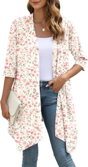 Women's Open Front Cardigan Lightweight Soft Knit 3/4 Sleeve High-Low Draped Hem Loose Casual Duster