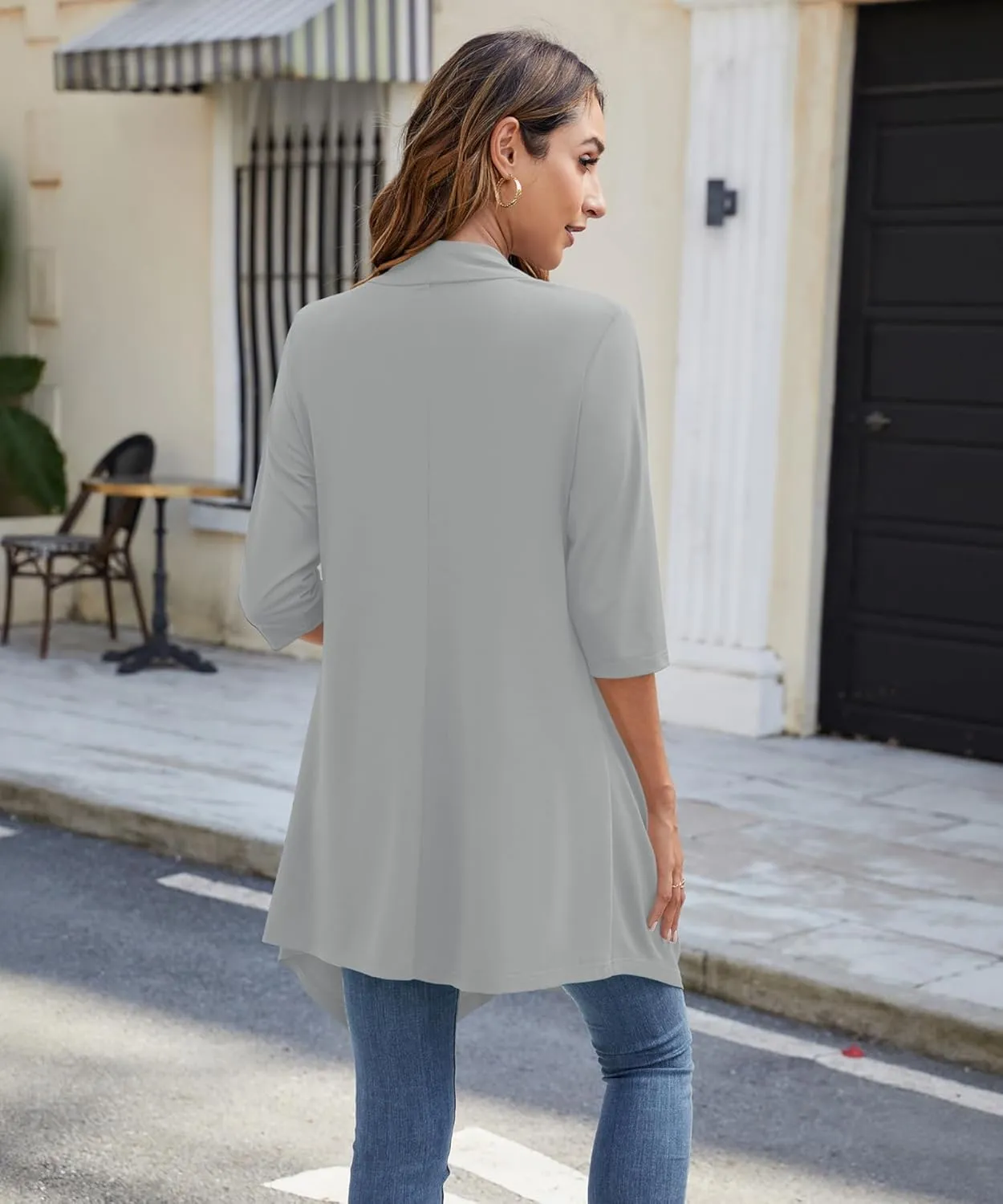 Women's Open Front Cardigan Lightweight Soft Knit 3/4 Sleeve High-Low Draped Hem Loose Casual Duster