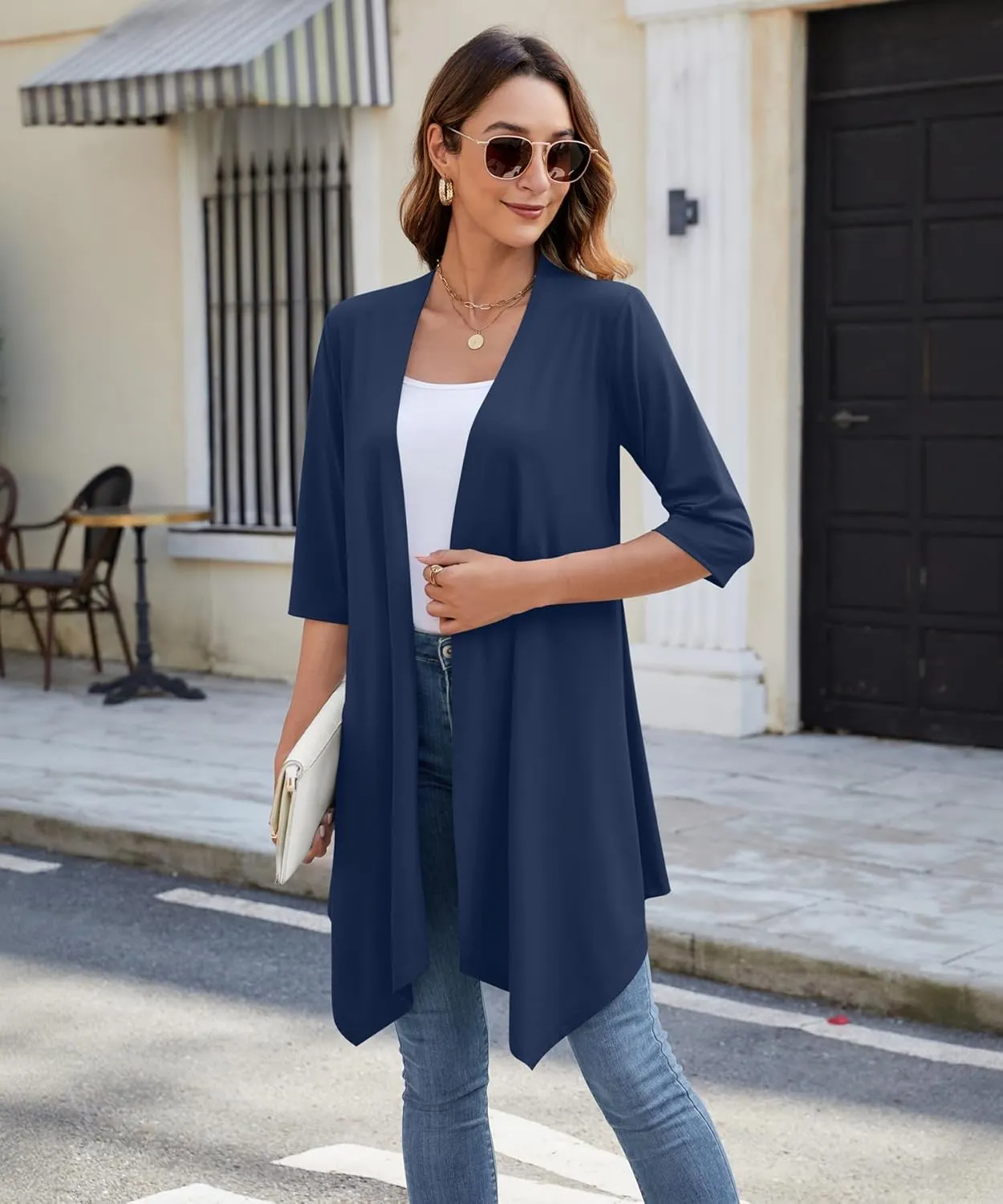 Women's Open Front Cardigan Lightweight Soft Knit 3/4 Sleeve High-Low Draped Hem Loose Casual Duster