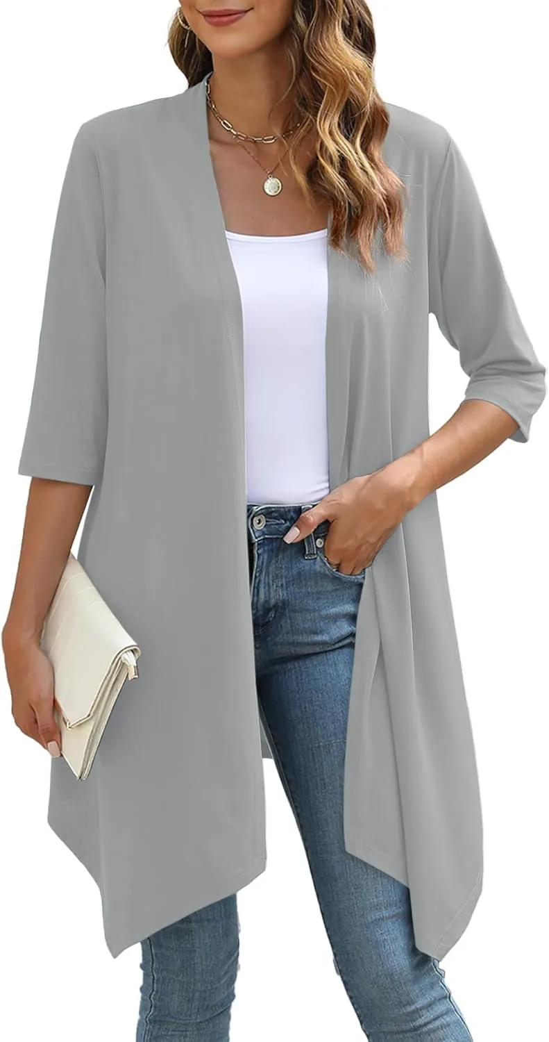Women's Open Front Cardigan Lightweight Soft Knit 3/4 Sleeve High-Low Draped Hem Loose Casual Duster