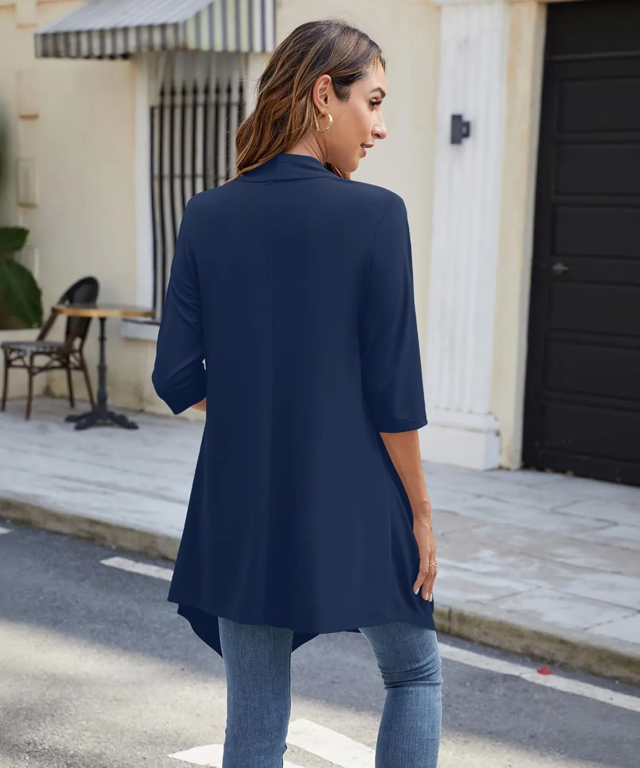 Women's Open Front Cardigan Lightweight Soft Knit 3/4 Sleeve High-Low Draped Hem Loose Casual Duster