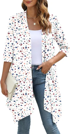 Women's Open Front Cardigan Lightweight Soft Knit 3/4 Sleeve High-Low Draped Hem Loose Casual Duster