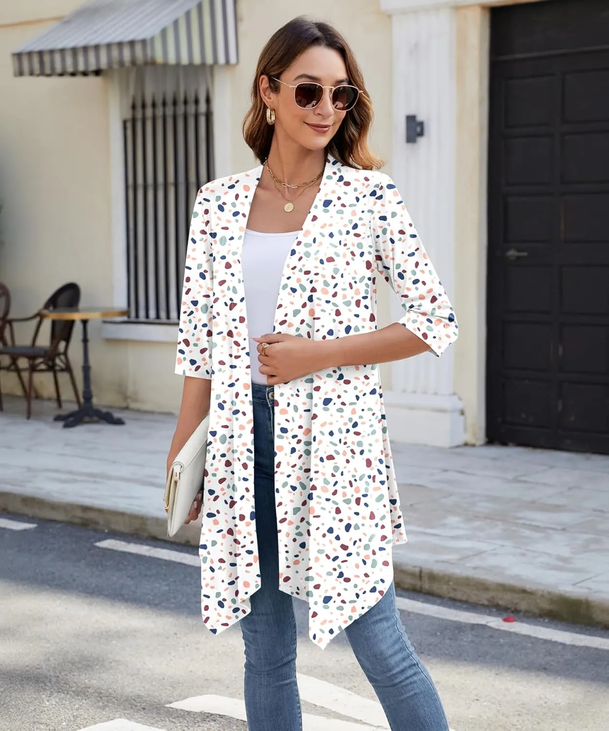Women's Open Front Cardigan Lightweight Soft Knit 3/4 Sleeve High-Low Draped Hem Loose Casual Duster