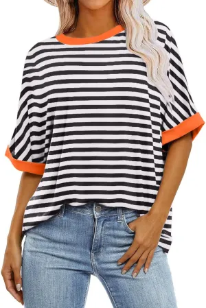 Womens Oversized T Shirts 2024 Casual Crewneck Short Half Sleeve Colorblock Striped Summer Tops