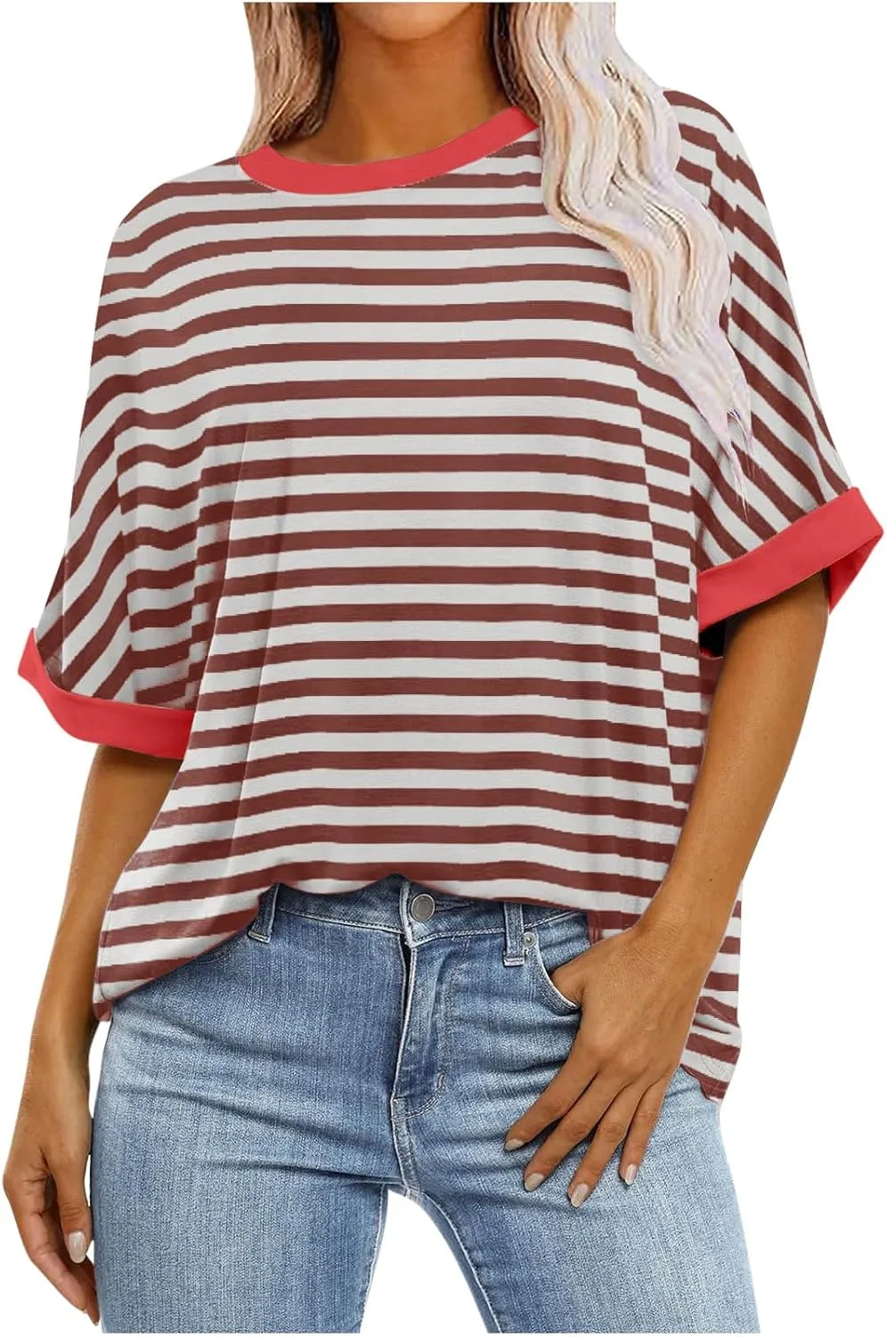 Womens Oversized T Shirts 2024 Casual Crewneck Short Half Sleeve Colorblock Striped Summer Tops
