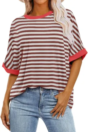 Womens Oversized T Shirts 2024 Casual Crewneck Short Half Sleeve Colorblock Striped Summer Tops
