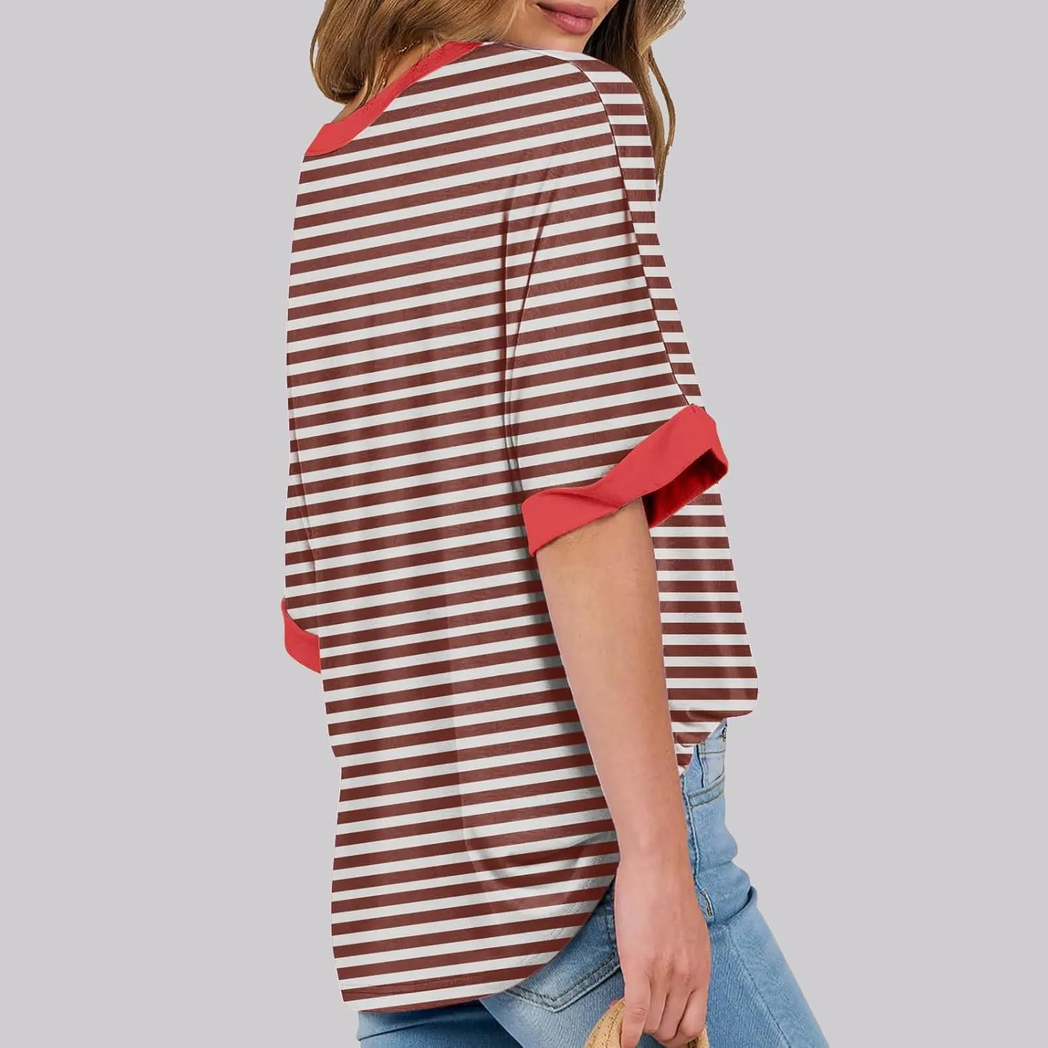 Womens Oversized T Shirts 2024 Casual Crewneck Short Half Sleeve Colorblock Striped Summer Tops