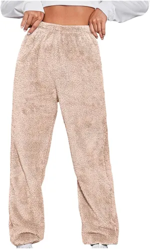 Womens Pajama Pants Fuzzy Fleece Sherpa High Waisted Sweatpants Soft Comfy Sleepwear Winter Warm Loungewear Pants